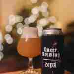 queer brewing craft beer in glass with christmas lights in background