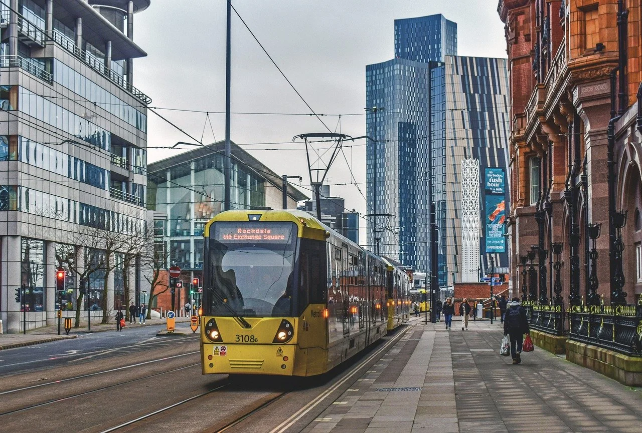 buildings, Manchester tram on tram rails, skyscrapers