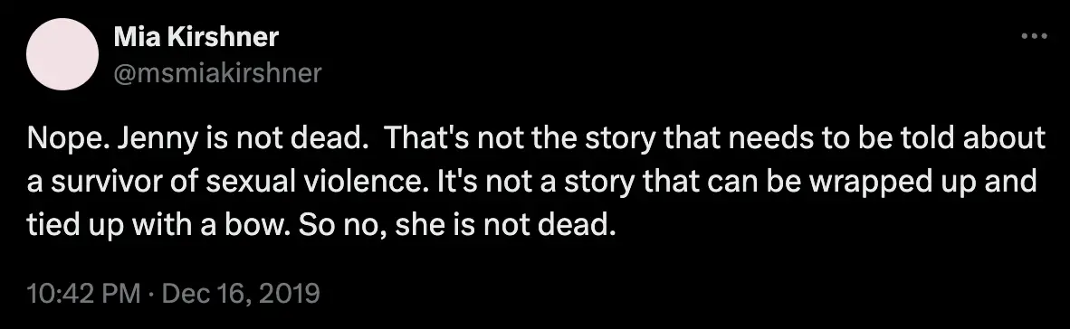 Tweet from Mia Kirshner about Jenny not being dead