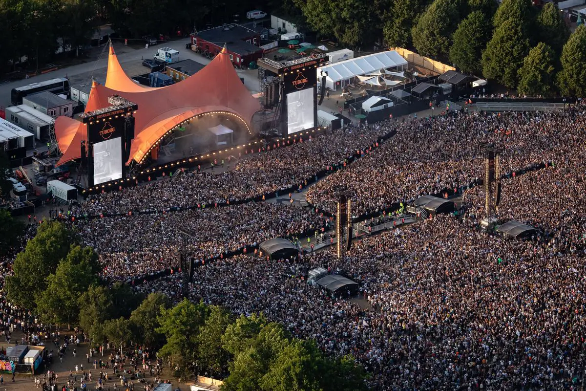 The orange stage at Roskilde festival from the front with all of the crowd