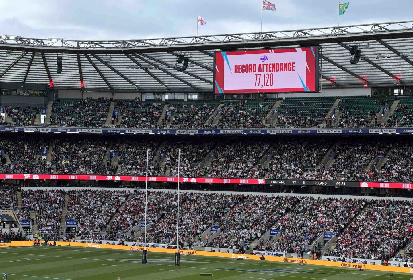 Women's six Nations crowd and a sign that says "record attendance" 